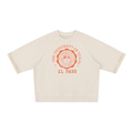 An off-white cropped short-sleeve sweatshirt featuring a red-orange graphic print of the University of Texas El Paso seal on the chest, displayed flat against a solid white background.