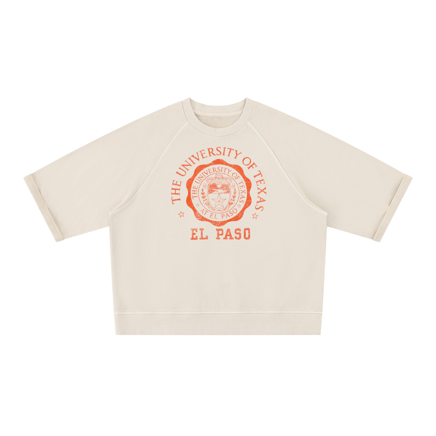 An off-white cropped short-sleeve sweatshirt featuring a red-orange graphic print of the University of Texas El Paso seal on the chest, displayed flat against a solid white background.